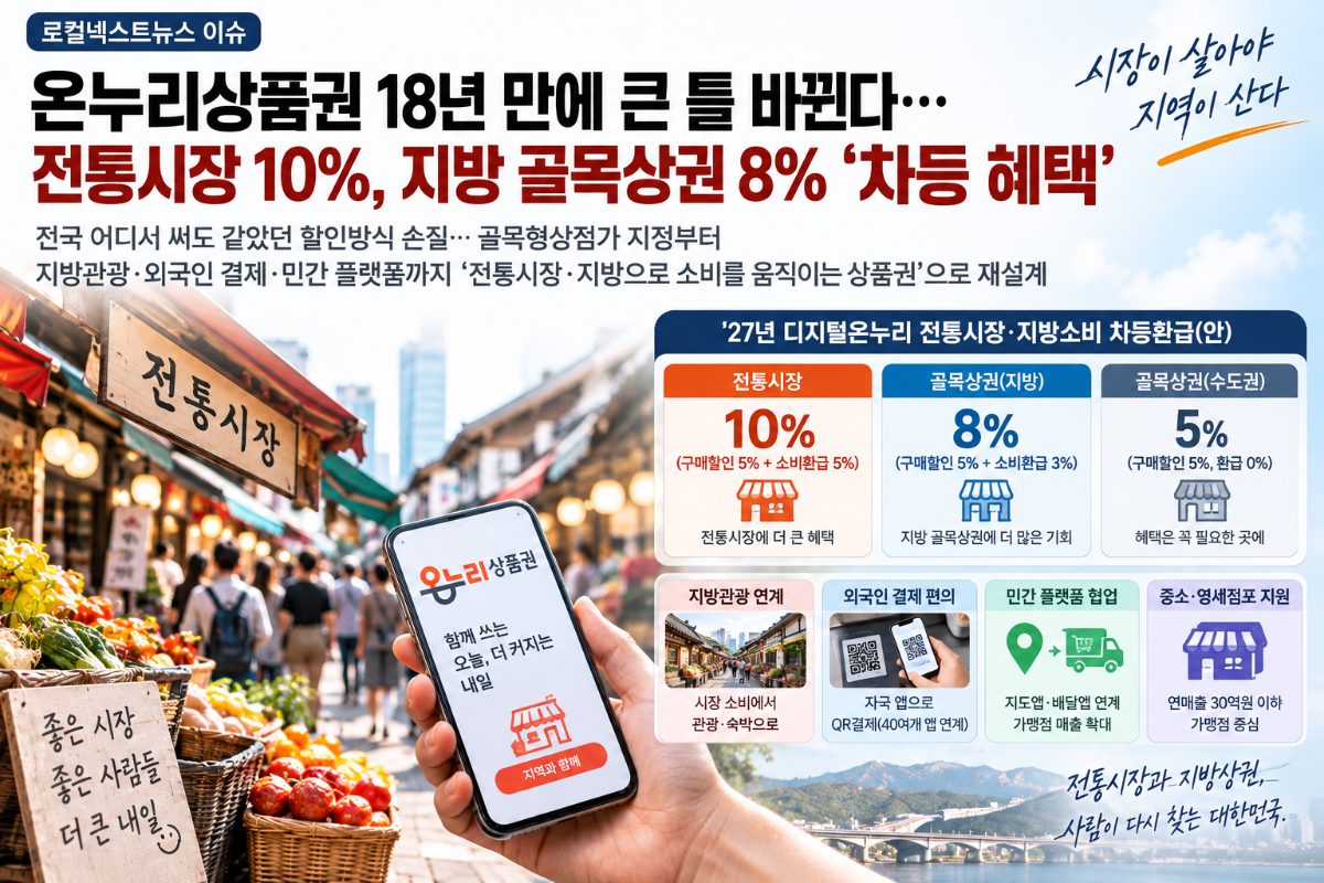[로컬넥스트뉴스 이슈] 온누리상품권 18년 만에 큰 틀 바뀐다…전통시장 10%, 지방 골목상권 8% ‘차등 혜택’ 대표 이미지